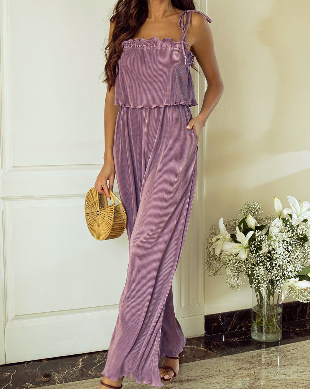 Pleated Tied Spaghetti Strap Jumpsuit