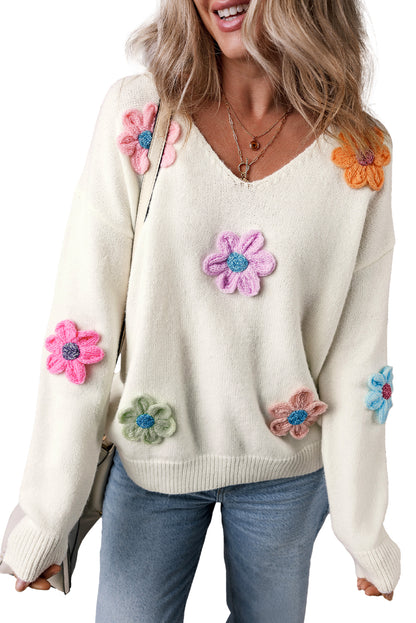 Crochet Flower V-Neck Sweater