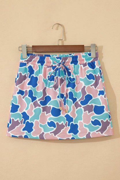 Abstract Camo Elastic Waist Drawstring Mini Skort