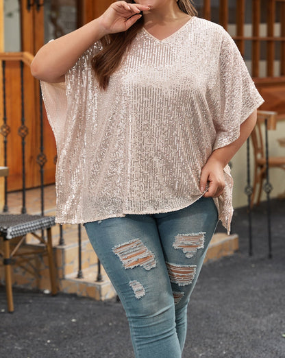 Sequin V-Neck Boxy Top Plus Size