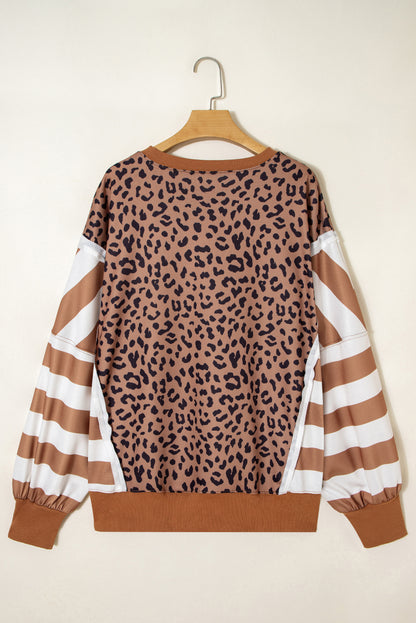 Plus Size Leopard Stripe Patchwork Side Slit Sweatshirt