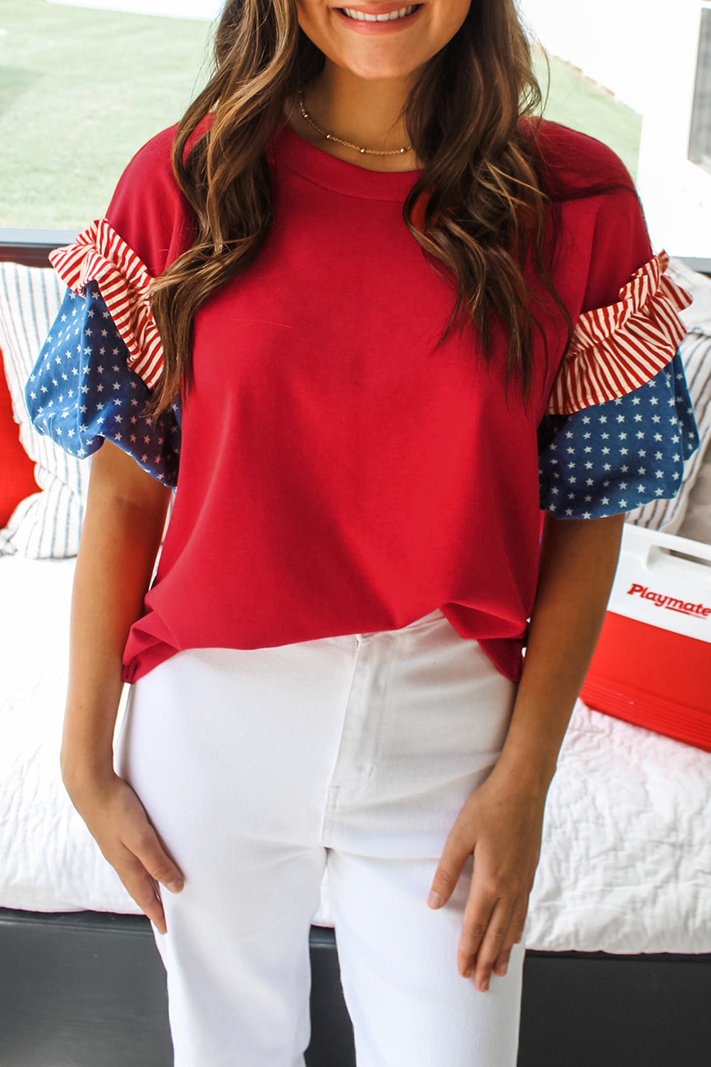 Stars & Stripe Patchwork Short Puff Sleeve Top
