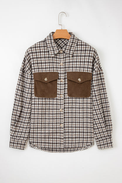 Plaid Corduroy Patchwork Pocketed Button-Up Shacket