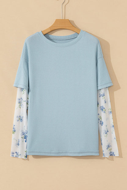 Floral Mesh Patchwork Waffle Fake Two-Piece Top