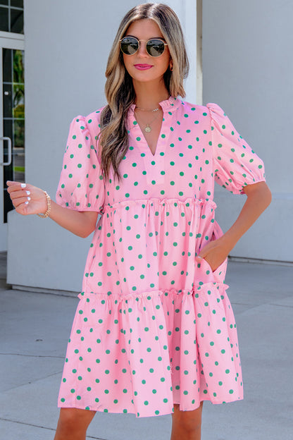 Polka Dot V-Neck Short Sleeve Tiered Mini Dress