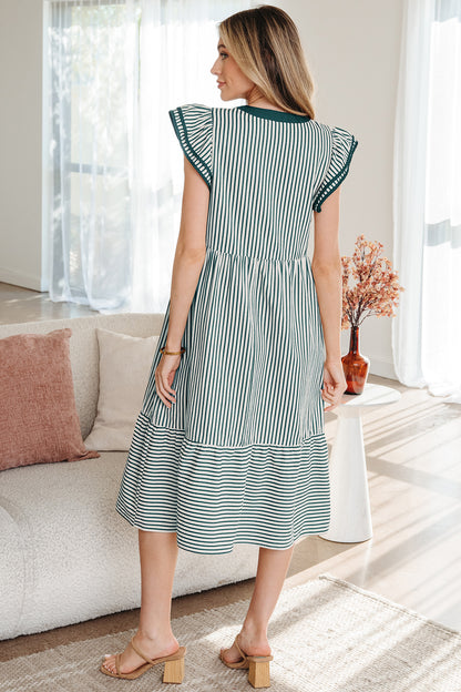 Stripe Ruffle Short Sleeve V-Neck Midi Dress