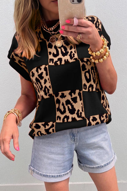 Leopard Checker Short Sleeve Knit Sweater