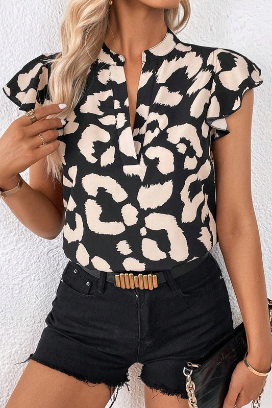 Leopard Ruffle Flutter Sleeve Blouse