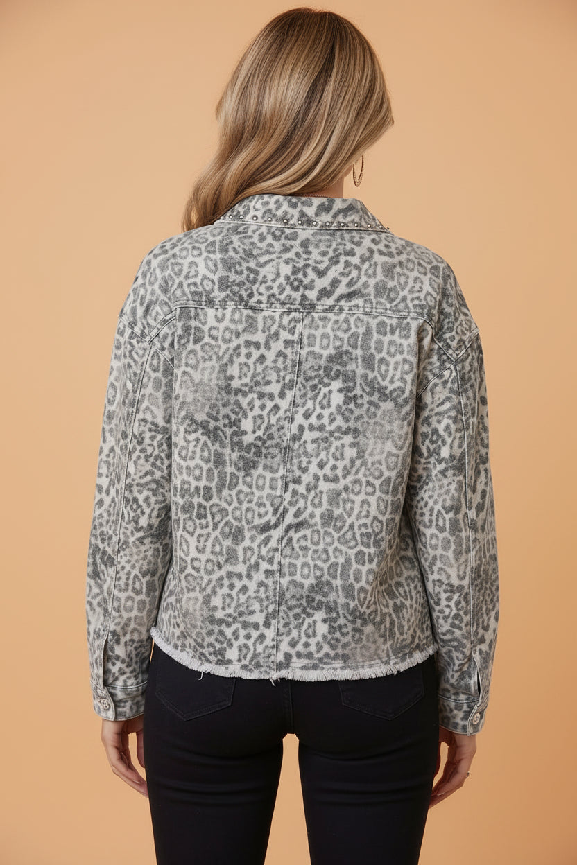Leopard Denim Studded Patch Pocket Collared Jacket
