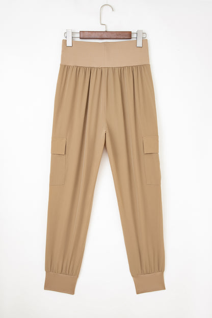 Solid Elastic High Waist Pocketed Cargo Jogger Pants