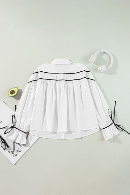 Stripe Ribbon Bow Puff Sleeve Shirt