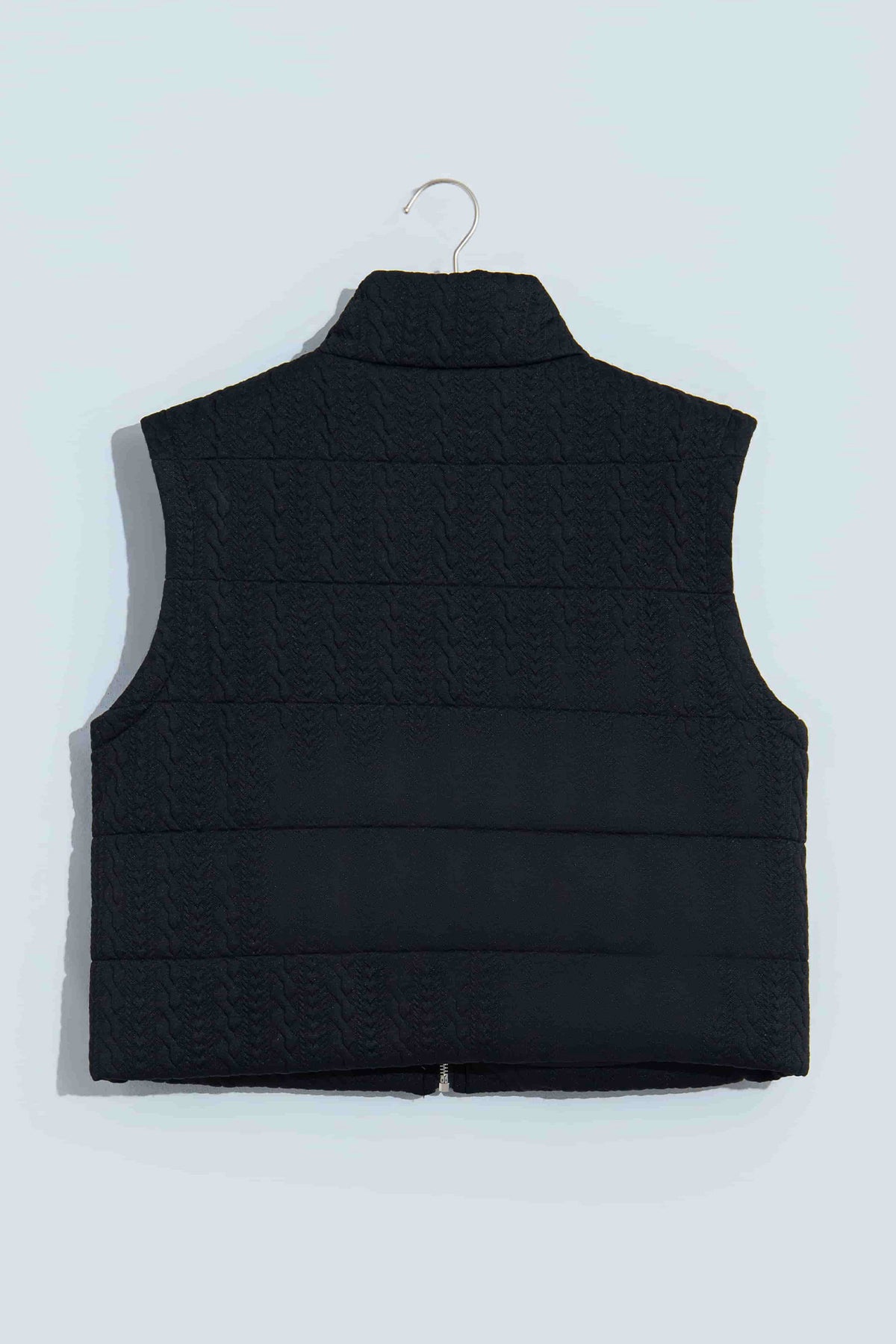 Solid Textured Stand Collar Zip Up Puffer Vest