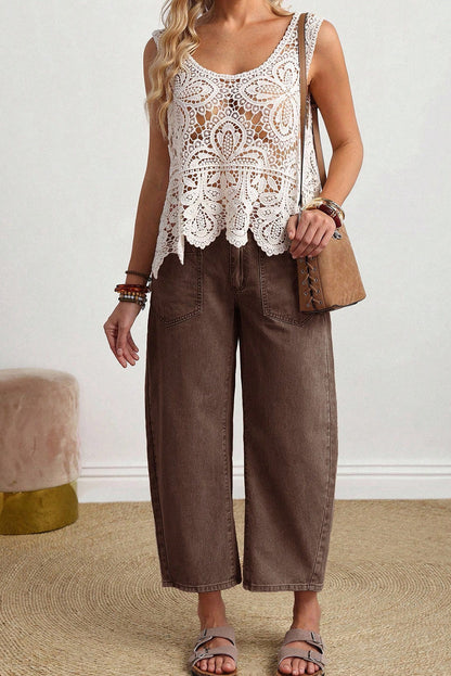 Solid Denim Patch Pocket Barrel Leg Jeans