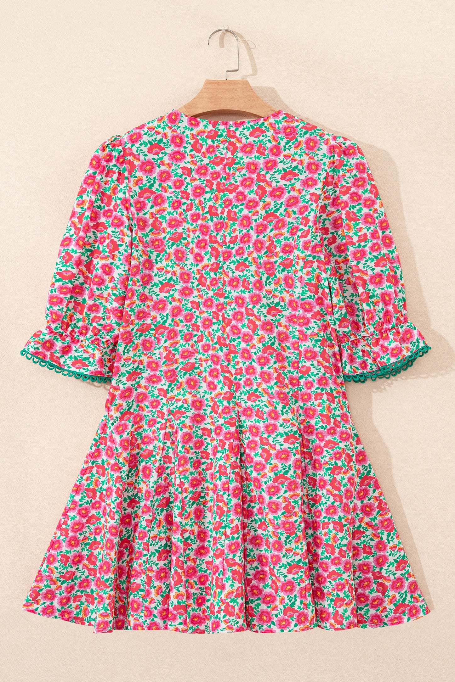 Floral Patchwork V-Neck Bubble Sleeve Mini Dress