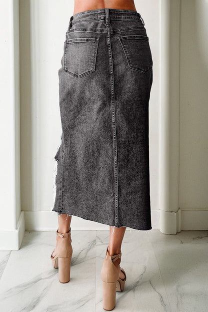 Denim Asymmetrical Distressed Midi Skirt