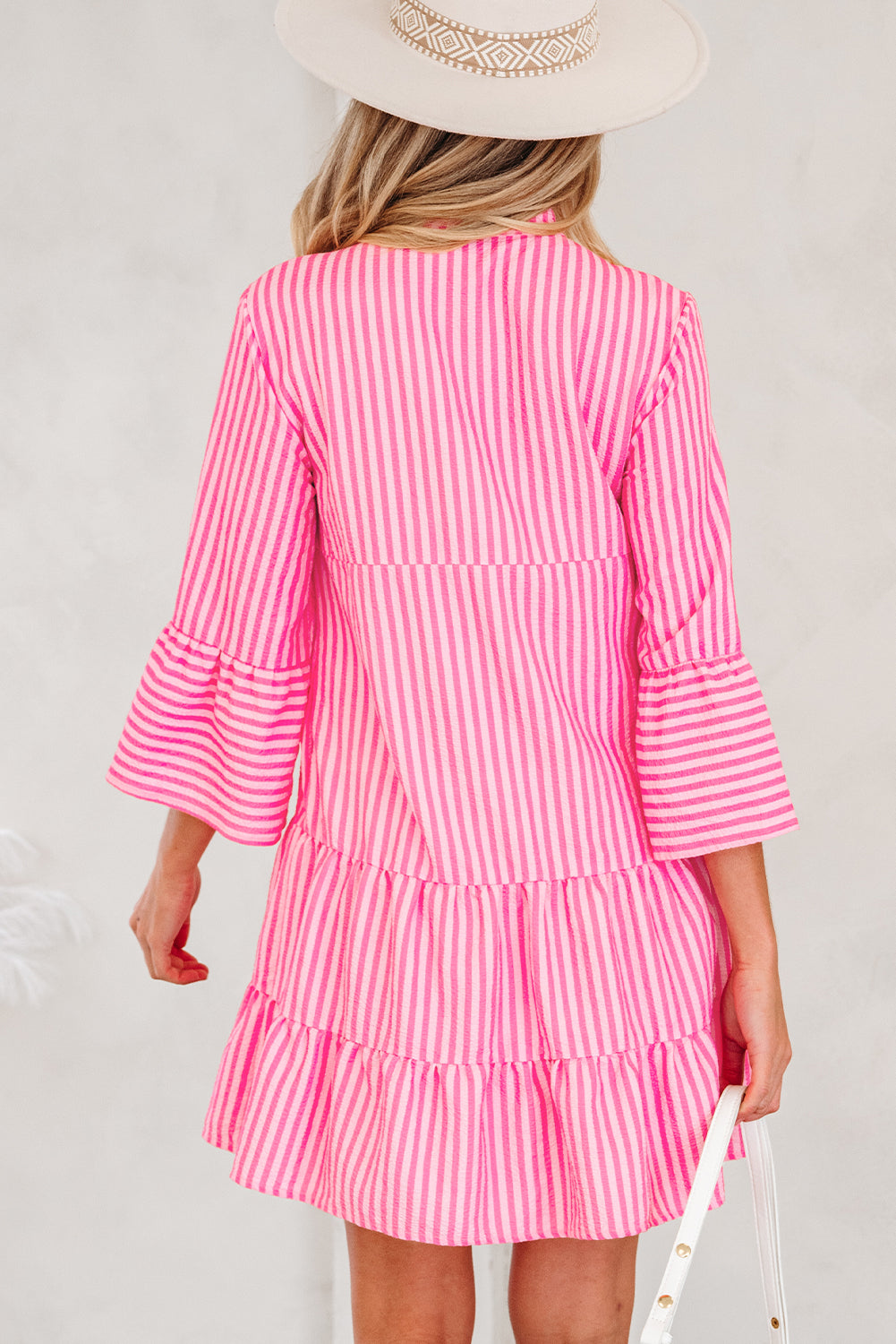 Stripe V-Neck Flare Sleeve Tiered Mini Dress