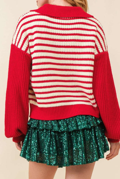 Stripe Colorblock Collared V-Neck Sweater