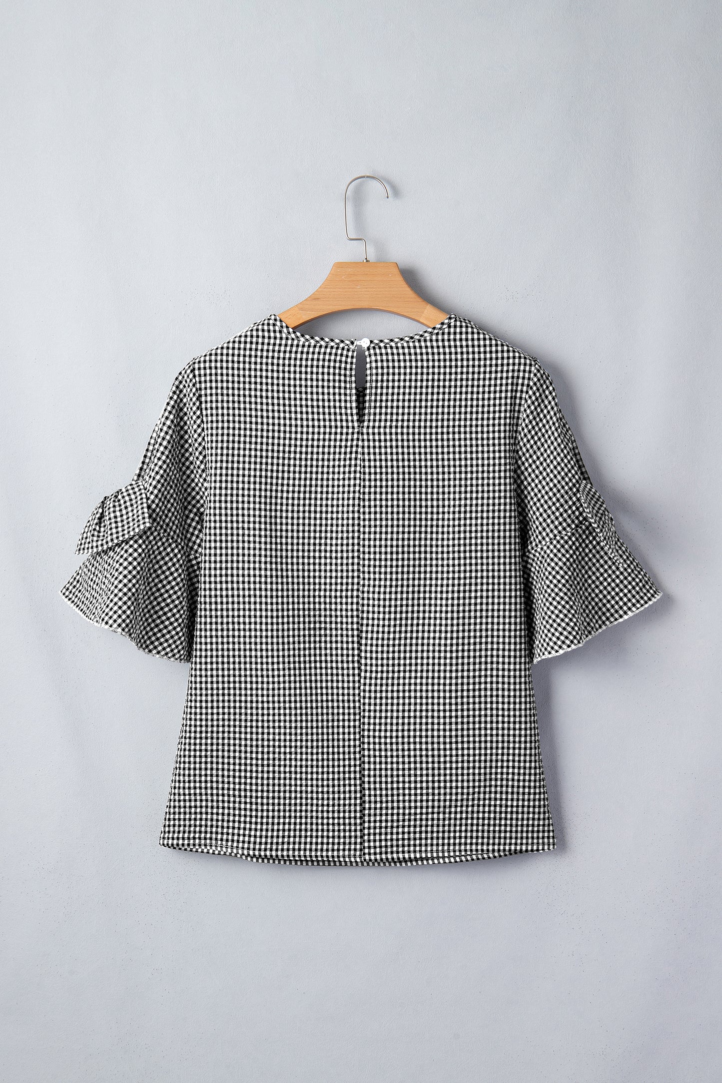 Gingham Plaid Bow Ruffle 3/4 Sleeve Blouse