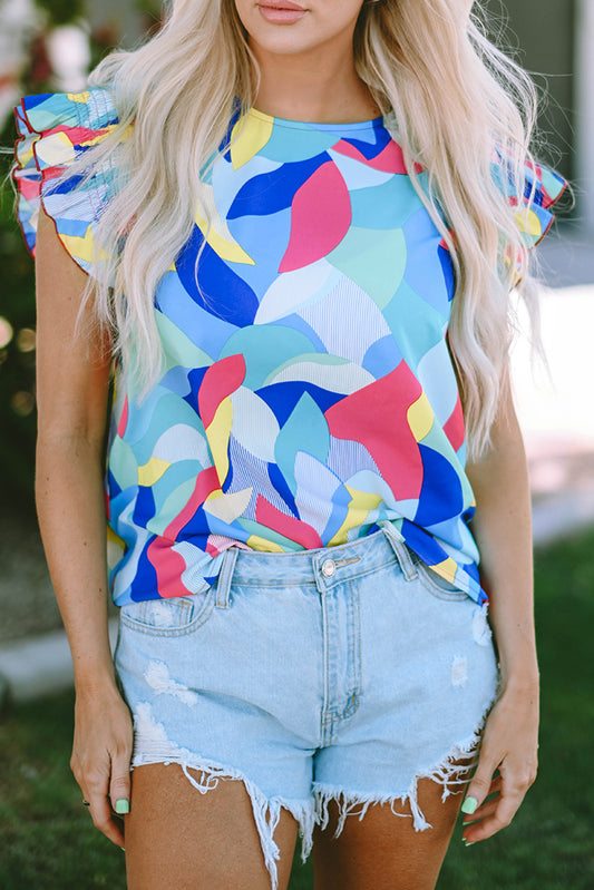 Abstract Ruffle Short Sleeve Blouse