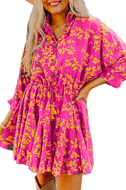 Floral Drawstring Waist Buttoned Dress