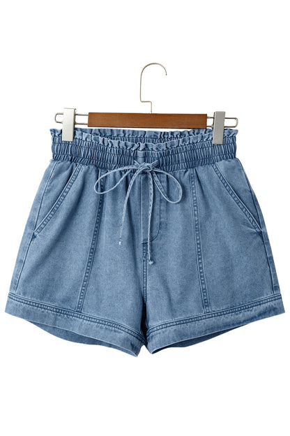 Solid Denim Smocked Elastic Waist Shorts