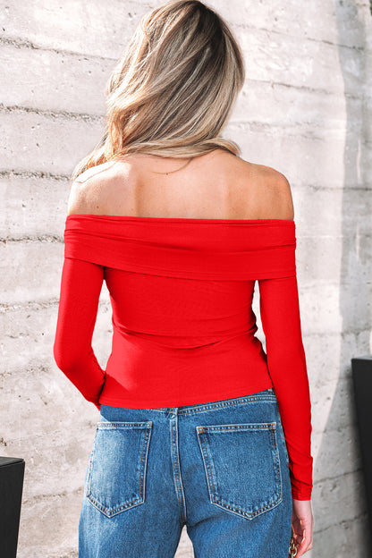 Solid Fold-Over Off-Shoulder Long Sleeve Top