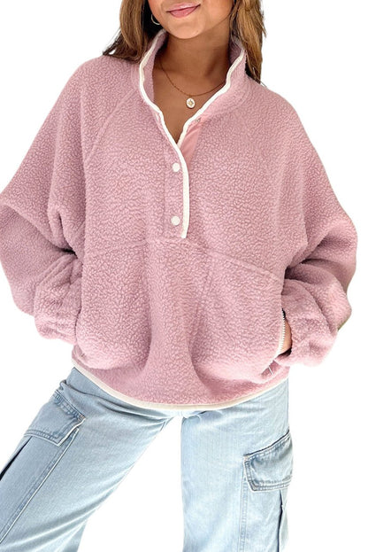 Fleece Half Buttoned Pocketed Sweatshirt