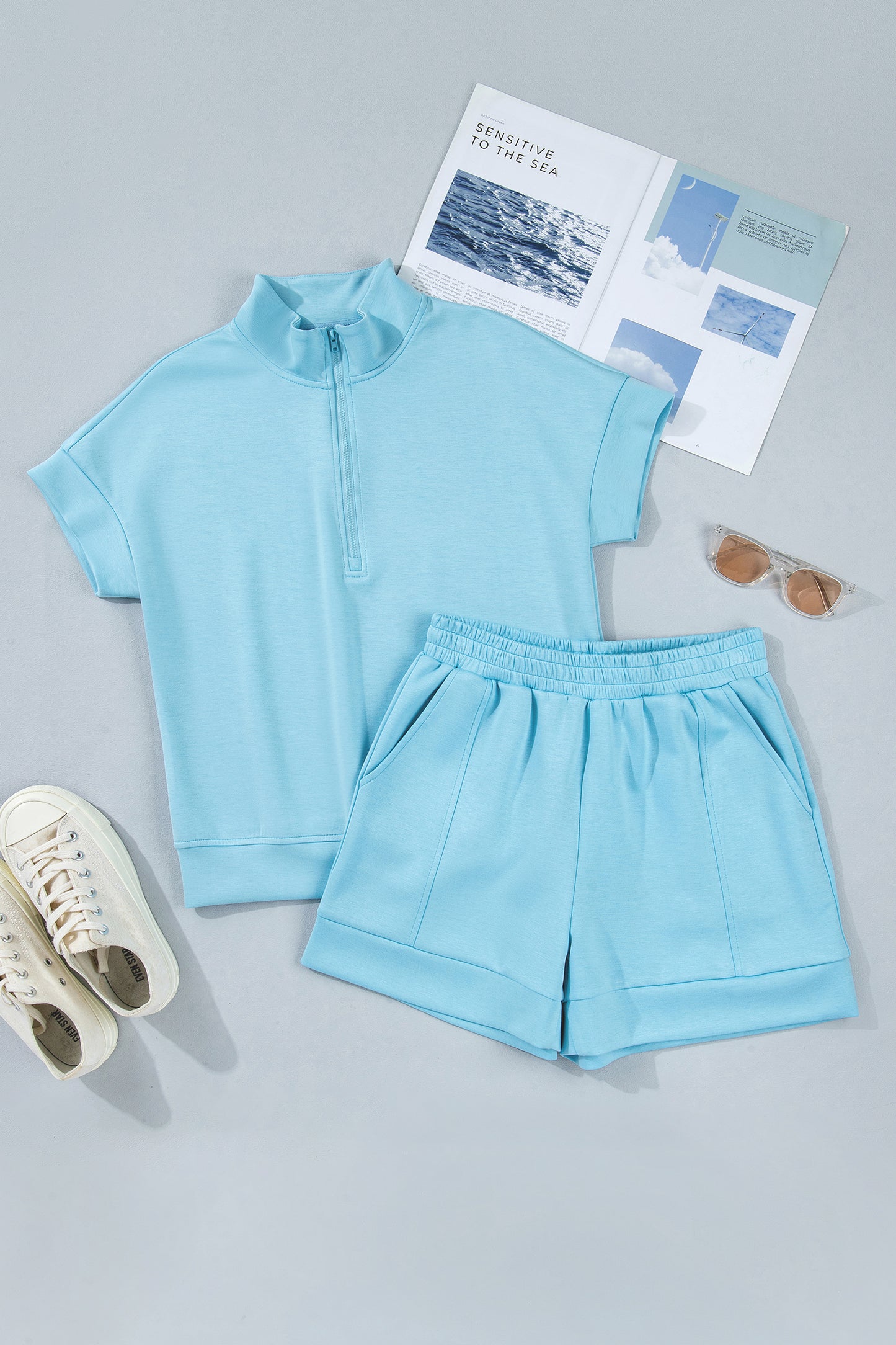 Solid Half Zip Tee & Shorts Athleisure Set