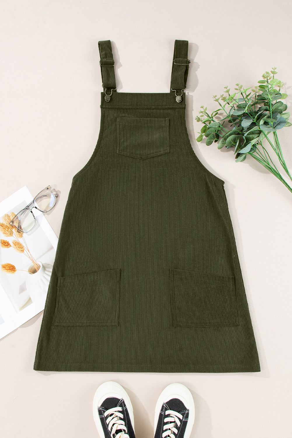 Solid Corduroy Sleeveless Overall Dress