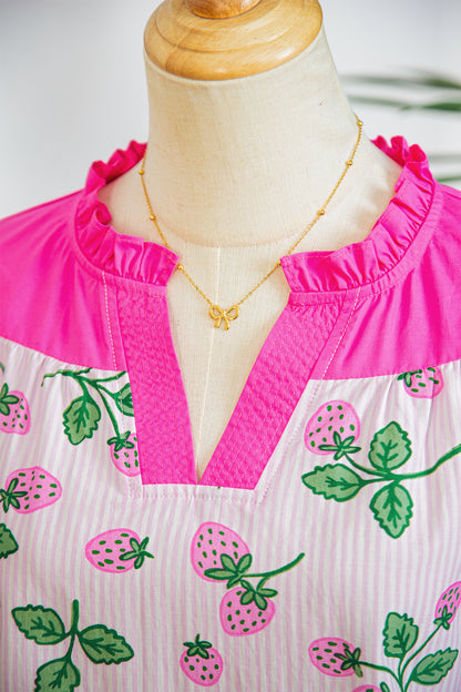 Stripe Strawberry Patchwork Flutter Sleeve V-Neck Blouse