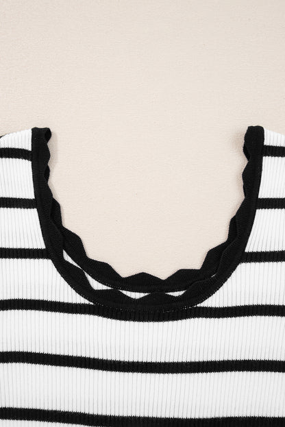 Stripe Scalloped Scoop Neck Ribbed Knit Sweater