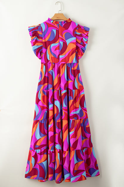 Abstract Ruffle Tiered Maxi Dress