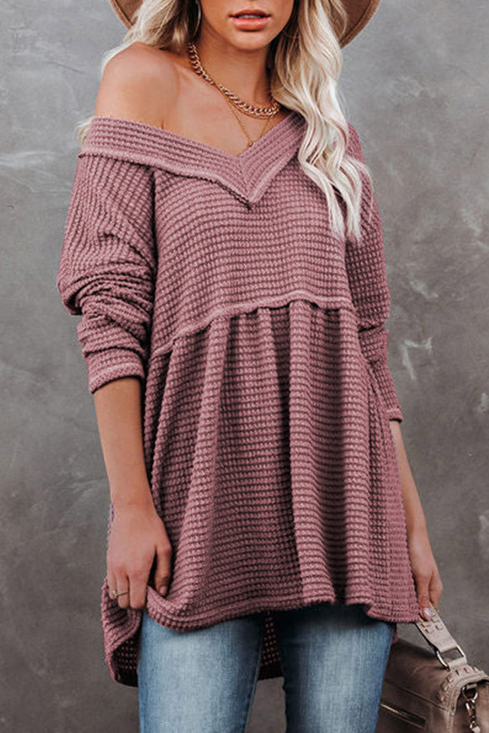 Waffle Long Sleeve Babydoll Top