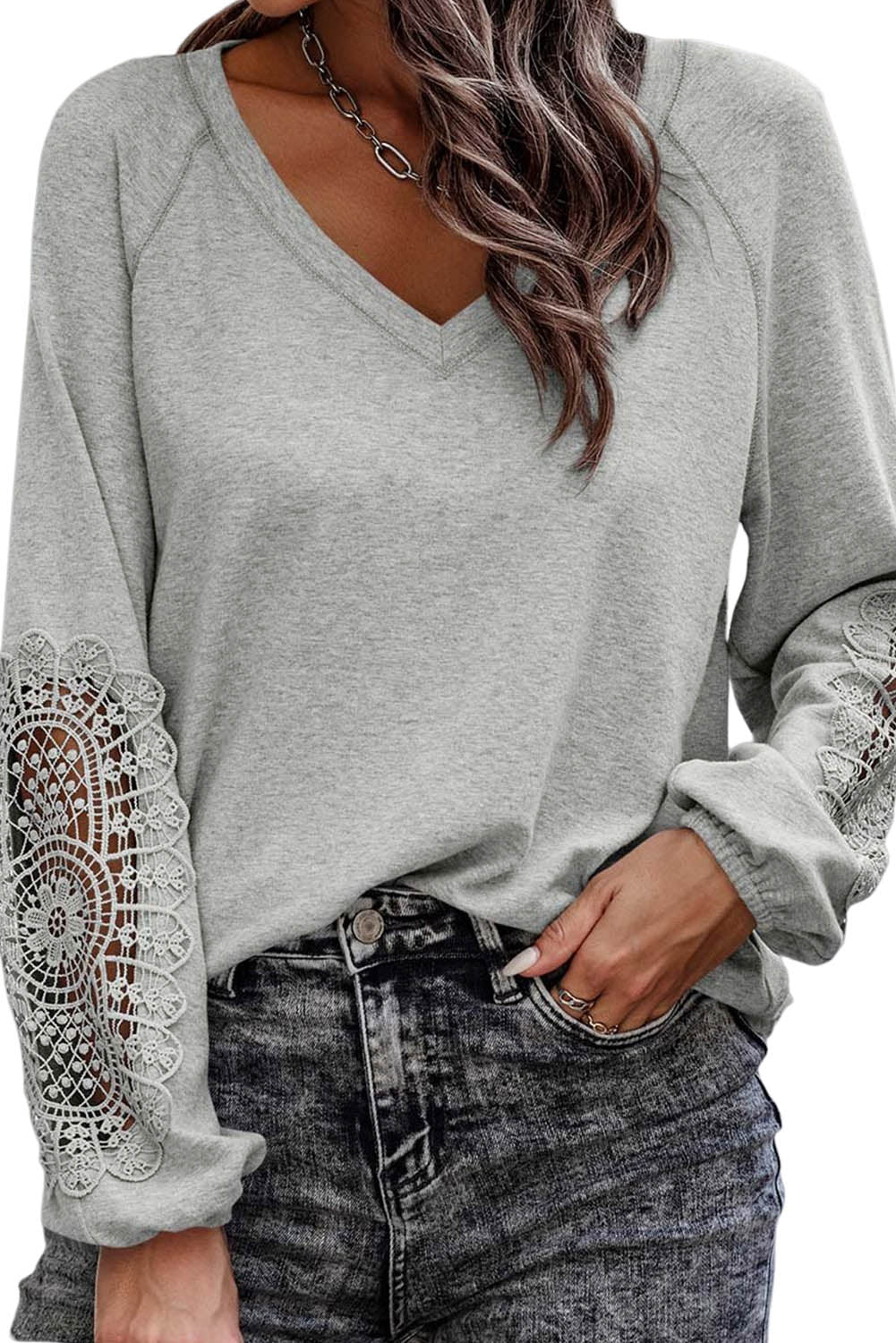 Lace Trimmed Bishop Sleeve Top