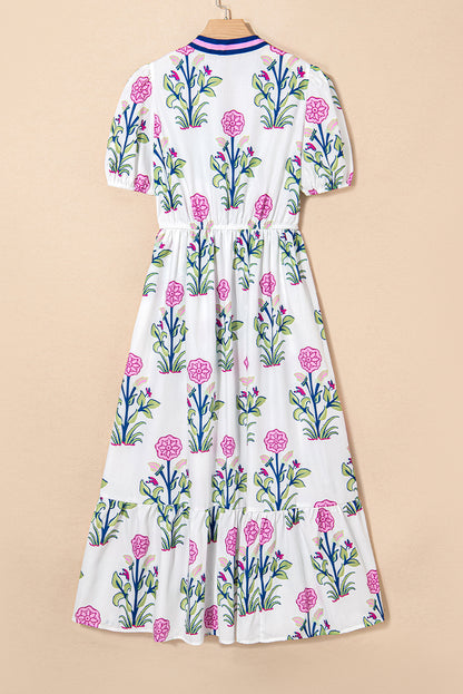 Floral Puff Sleeve V-Neck Maxi Dress