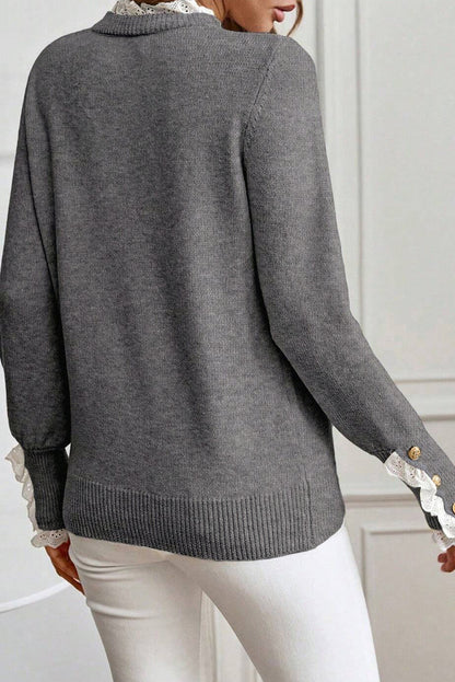 Lace Trim Patchwork Buttoned Cuff Sweater