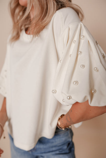 Pearl Puff Sleeve Round Neck Top