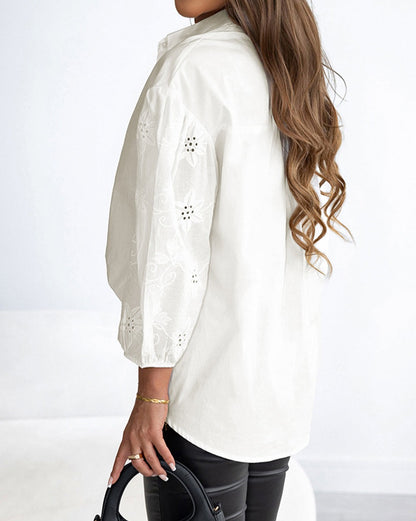 Eyelet Puff Sleeve Buttoned Shirt