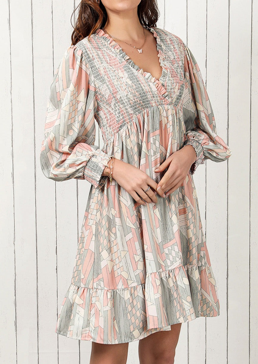 NEW! Abstract Long Sleeve Ruffle Dress