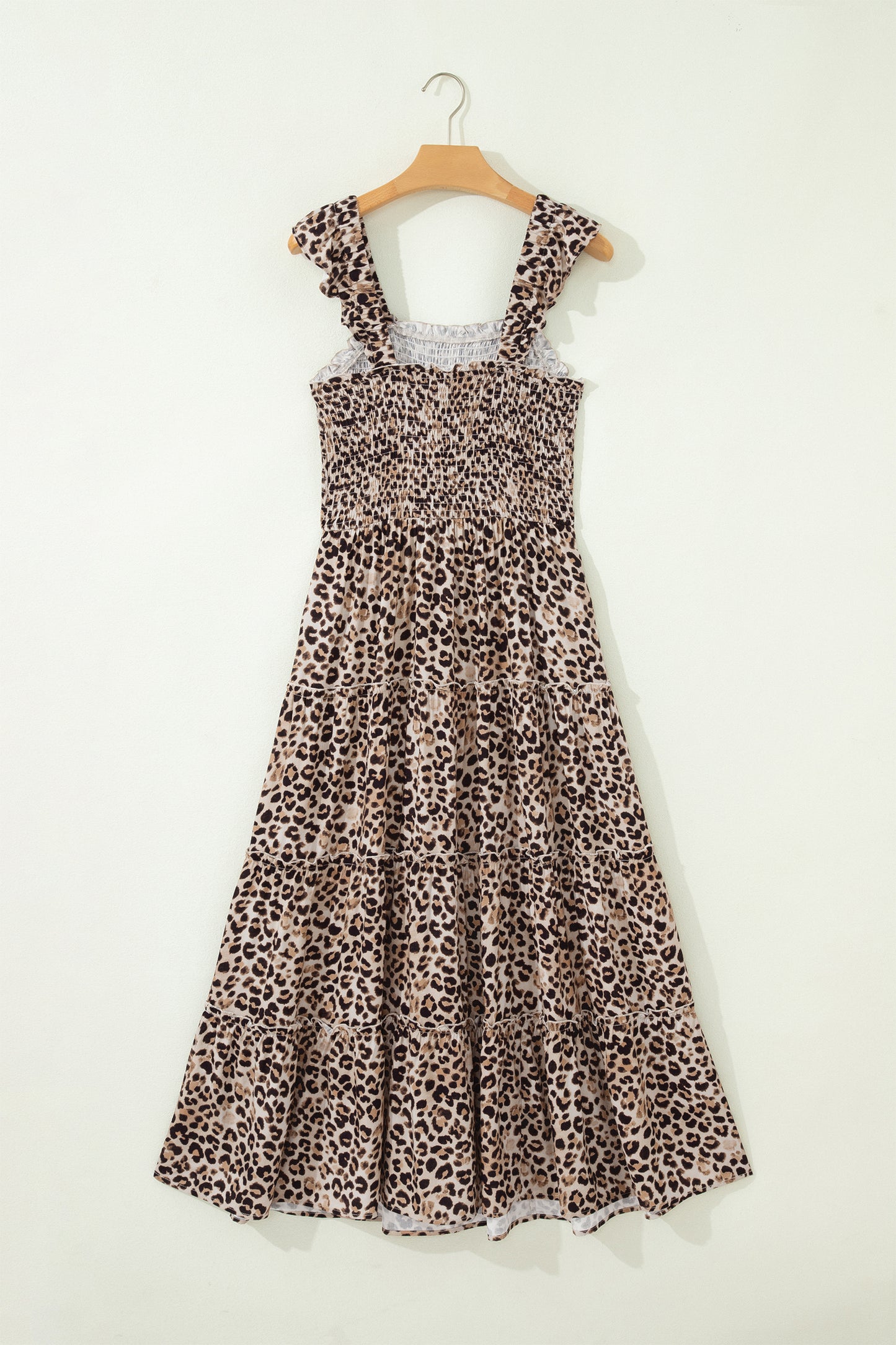 Leopard Ruffle Straps Smocked Tiered Maxi Dress