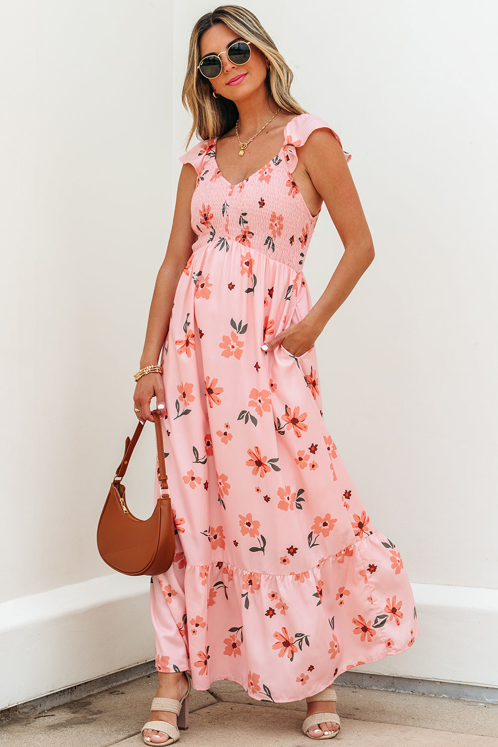Floral V-Neck Smocked Ruffle Hem Maxi Dress