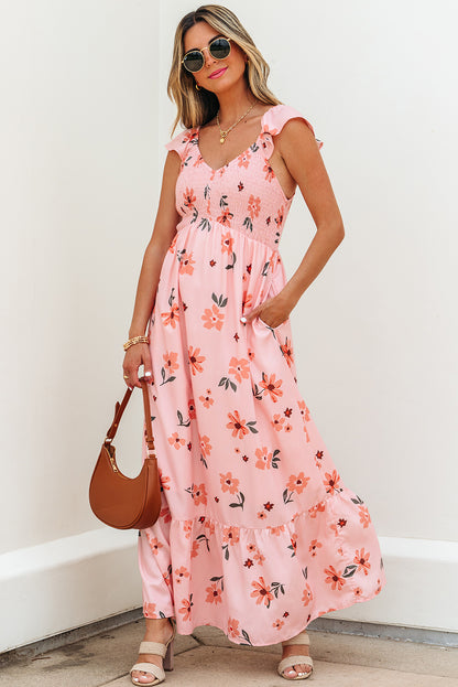 Floral V-Neck Smocked Ruffle Hem Maxi Dress