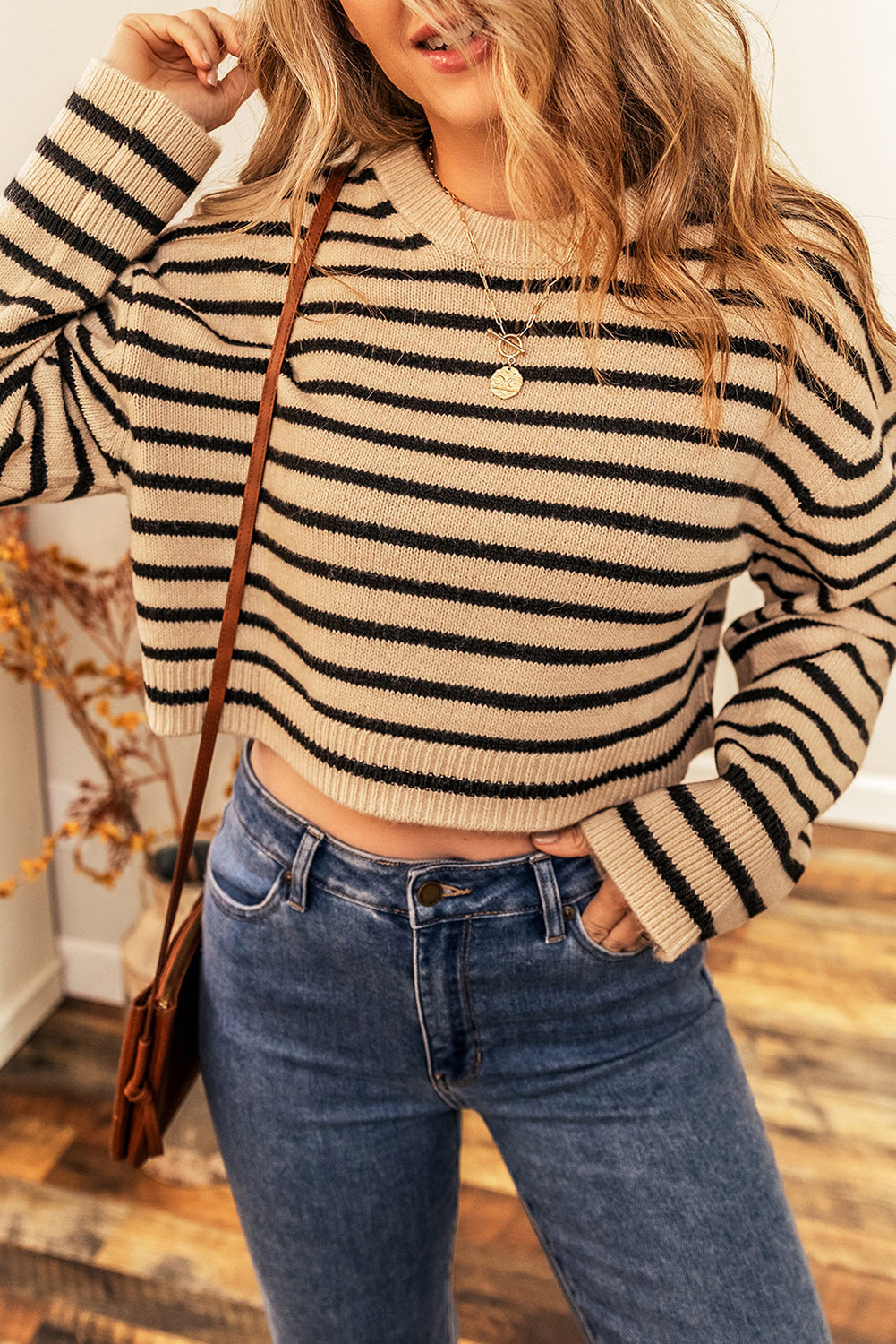 Stripe Knit Crewneck Cropped Sweater