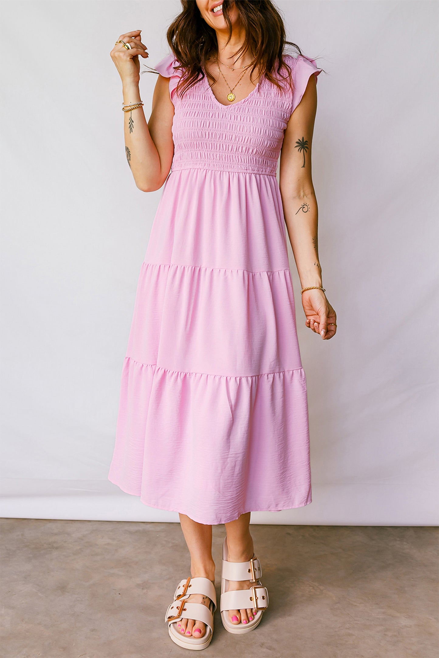 Smocked V-Neck Flutter Sleeve Tiered Midi Dress