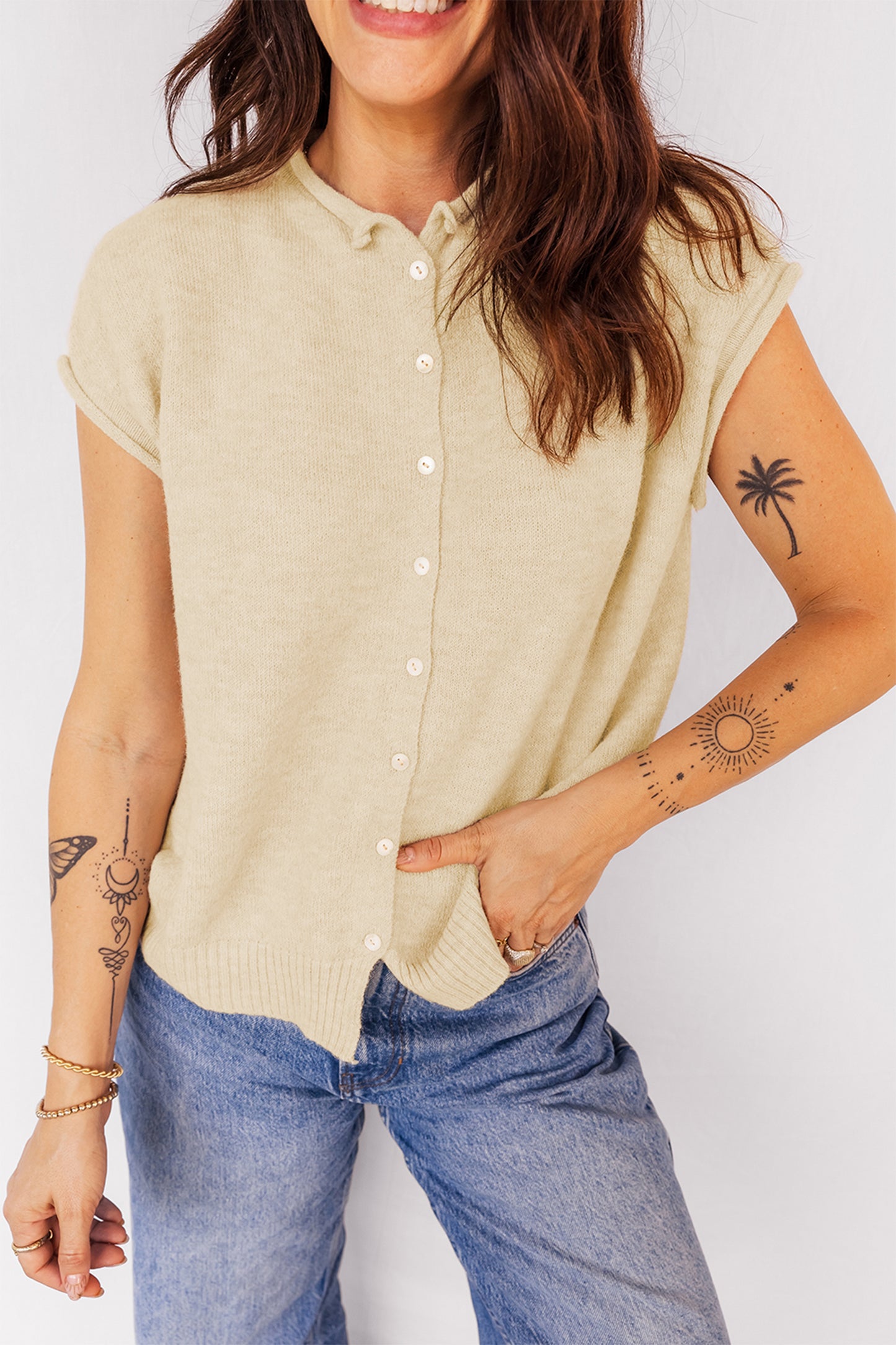Solid Button-Front Rolled Hem Sweater Top