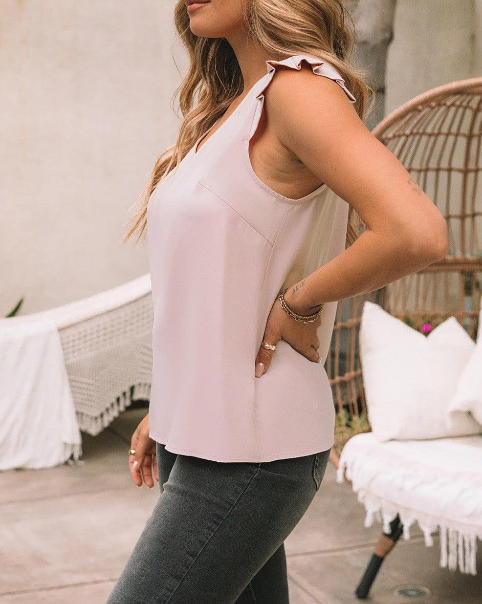 Pleated Ruffle V-Neck Tank Top