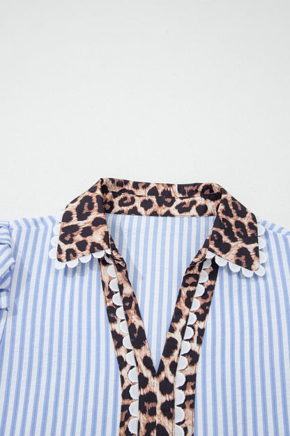 Leopard Patchwork Collared V-Neck Puff Sleeve Blouse
