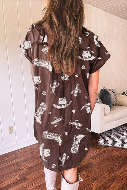 Western Cowgirl Cactus Raw Edge Denim Dress
