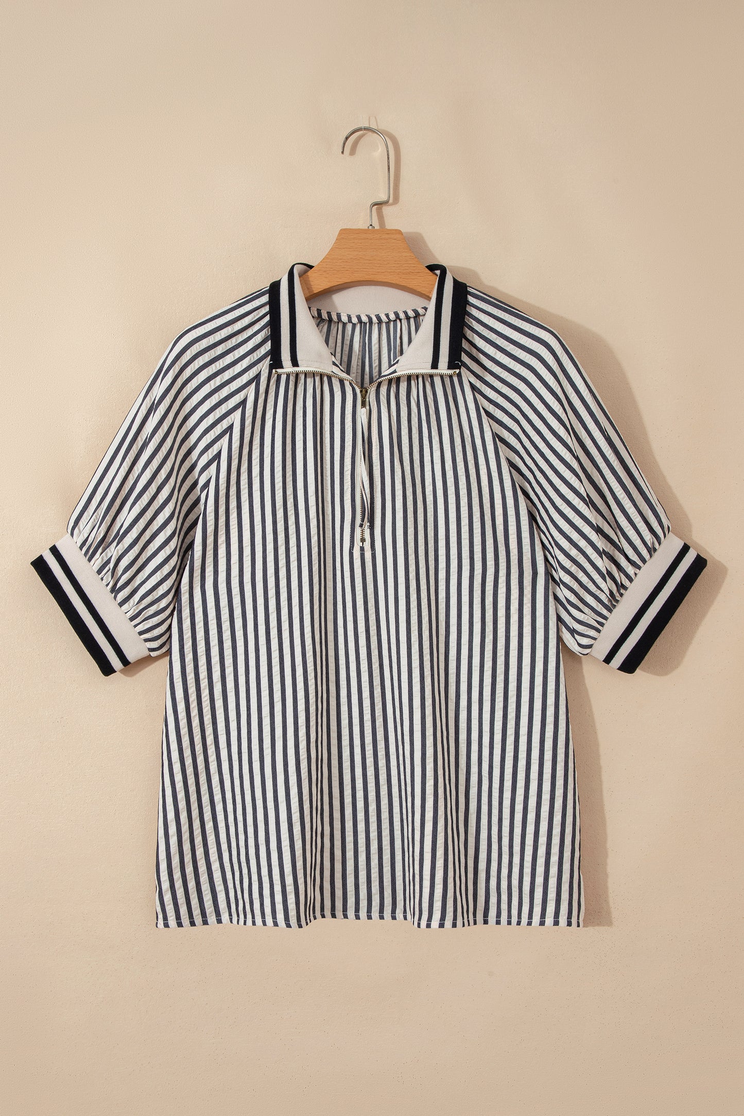 Stripe Half Zip Polo Collar Puff Sleeve Blouse