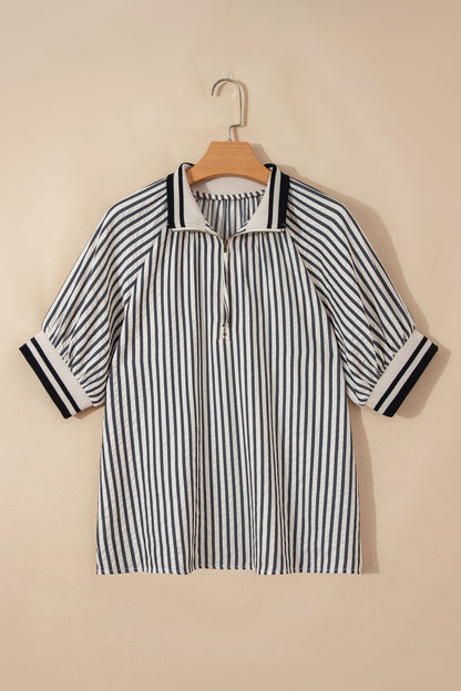Stripe Half Zip Polo Collar Puff Sleeve Blouse